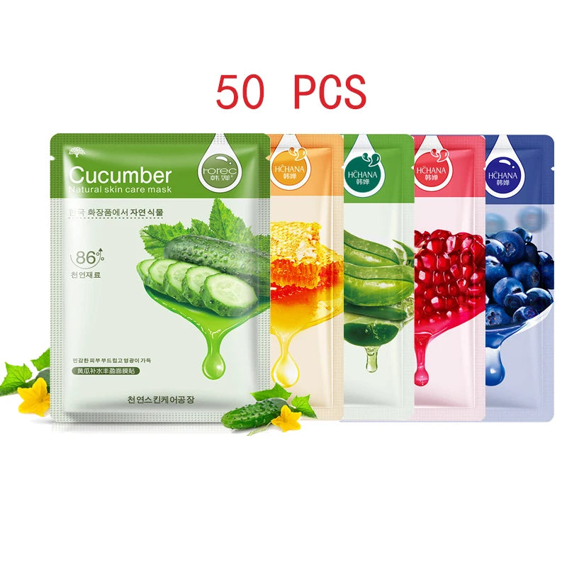 50pcs Moisturizing Facial Mask Hyaluronic Acid Natural Fruit Plant Sheet Face Mask Shrink Pore Oil Control Smoothing Skin Care