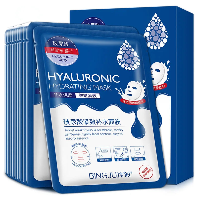 50pcs Moisturizing Facial Mask Hyaluronic Acid Natural Fruit Plant Sheet Face Mask Shrink Pore Oil Control Smoothing Skin Care