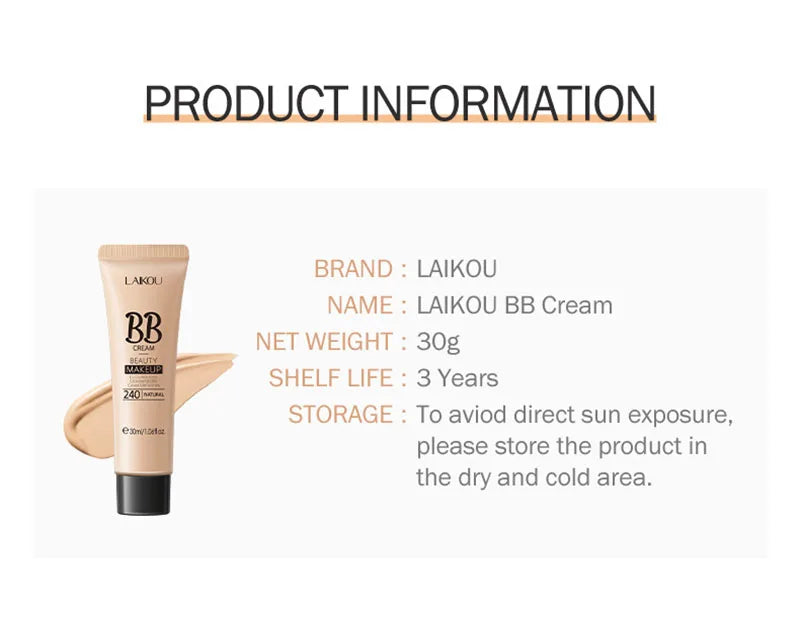 LAIKOU BB Cream 18 Hour Longlasting Liquid Foundation Waterproof Anti-acne Marks Flawless Natural Face Base Makeup Moisturize