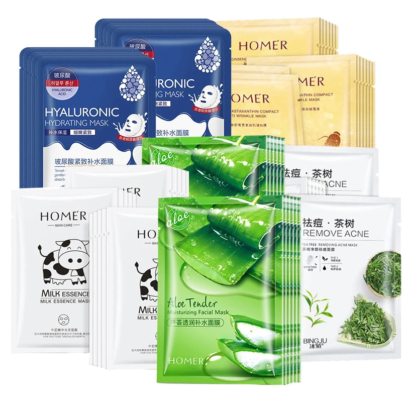 50pcs Moisturizing Facial Mask Hyaluronic Acid Natural Fruit Plant Sheet Face Mask Shrink Pore Oil Control Smoothing Skin Care