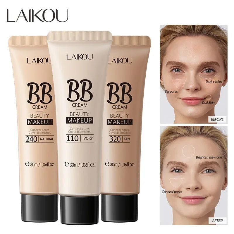 LAIKOU BB Cream 18 Hour Longlasting Liquid Foundation Waterproof Anti-acne Marks Flawless Natural Face Base Makeup Moisturize