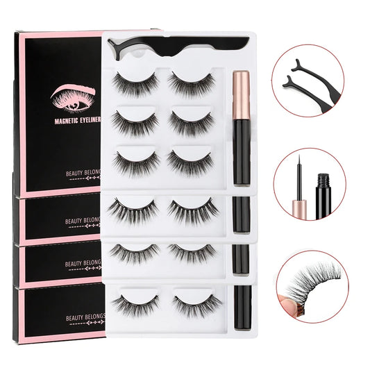 Magnetic Eyelashes Set 1/2/3 Pairs Natural Long False Eyelashes Soft Mink Lashes Waterproof Liquid Eyeliner Tweezer Makeup Tools